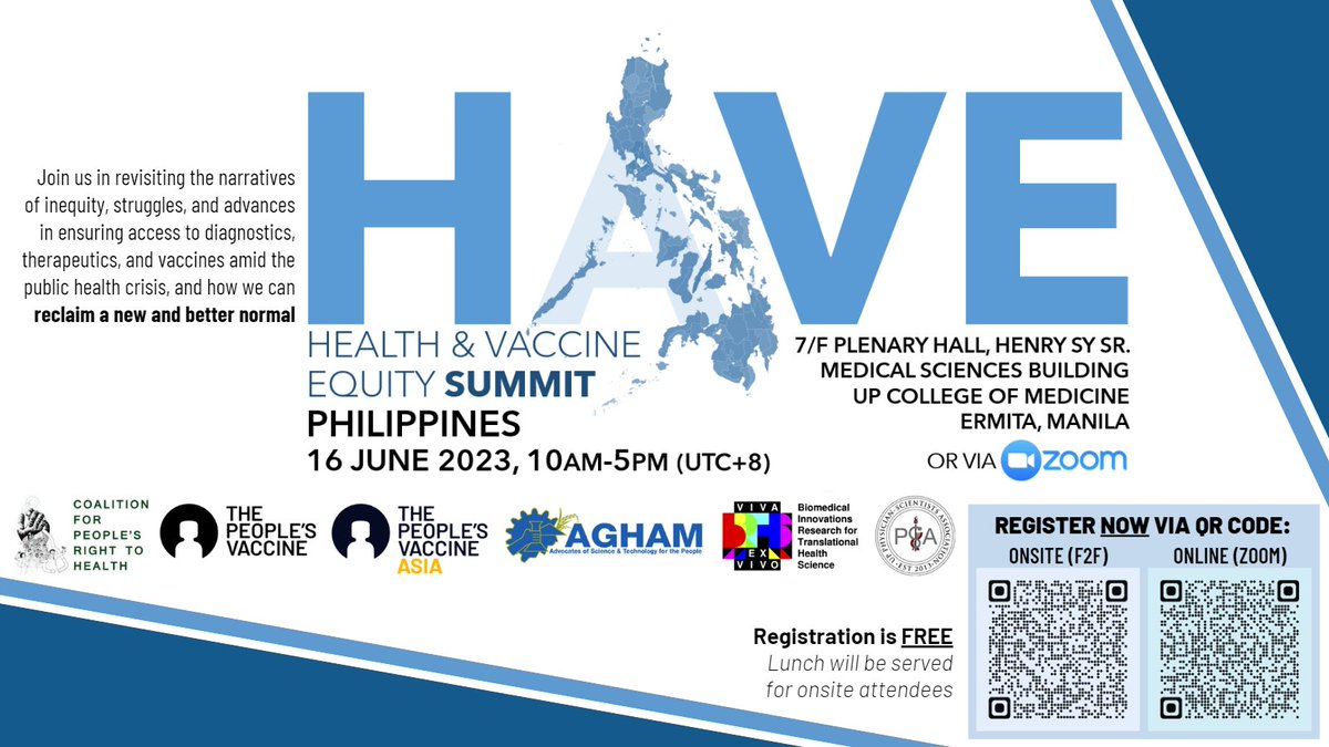<a href="/PVA_Asia/">#PeoplesVaccine Asia</a> @peoplesvaccine <a href="/upcmpsa/">The Filipino Physician Scientist</a> <a href="/AghamNasyunal/">Agham National</a> <a href="/cbhpchd/">CHD</a> <a href="/curecovidph/">curecovidph</a> <a href="/_SHAPE_UP_/">SHAPE UP Defeat COVID-19</a> Learn more on the situation and what must be done to have health &amp; vaccine equity, solidarity, self-sufficiency, and sovereignty during the #HaVESummit!

Registration details are in the QR below or via these links:
[ONSITE] forms.gle/BBo9vxphMrfwXp…
[ONLINE] us02web.zoom.us/meeting/regist…