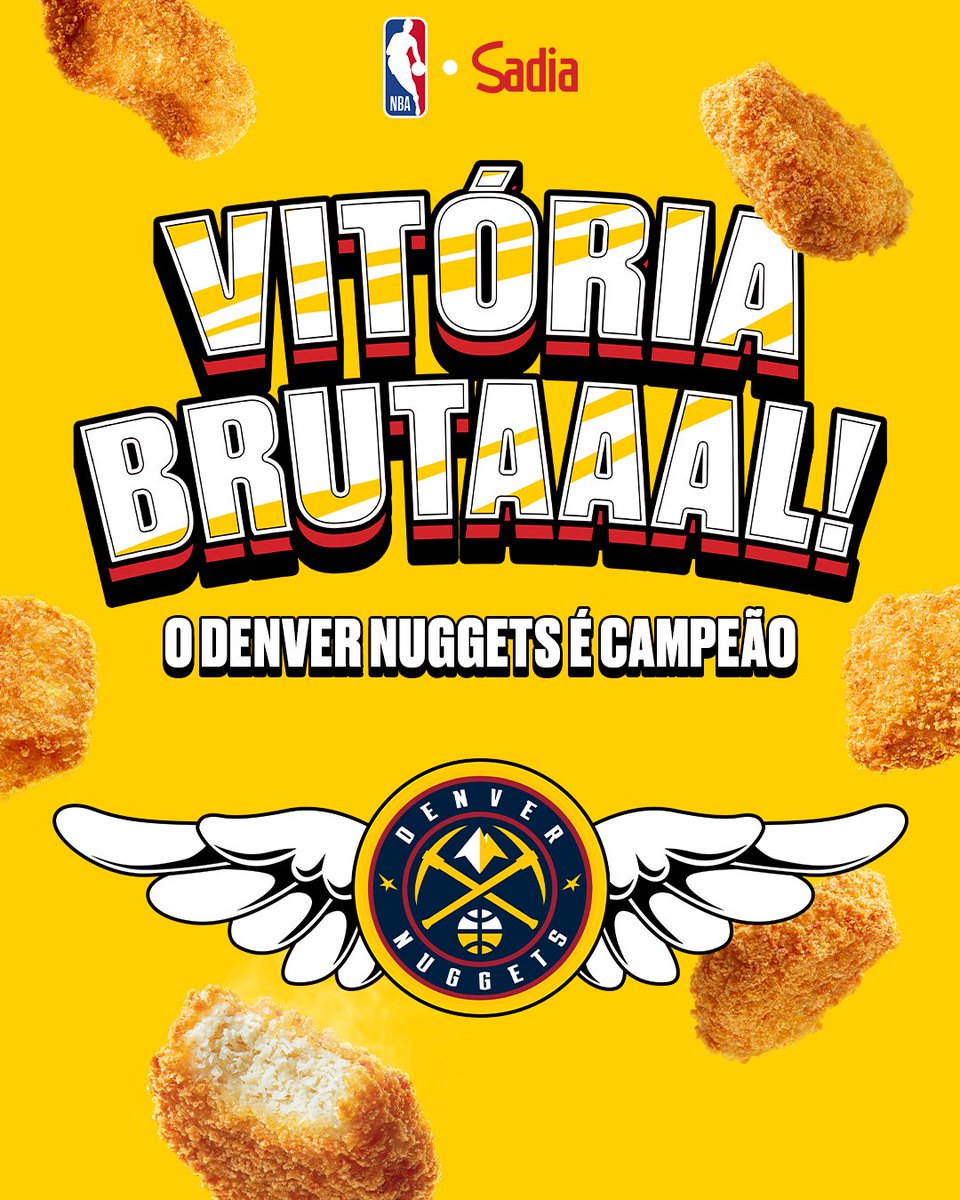 sadia's tweet photo. O Denver Nuggets é o grande campeão dessa temporada! ⛹️‍♂️ Agora é só preparar aquele rango BRUTAAAL pra comemorar. Quem quer Nuggets Sadia com 50% de desconto, comenta aí #NBApedeNuggetsSadia  👇🏽 https://t.co/rwSx5ZURXS