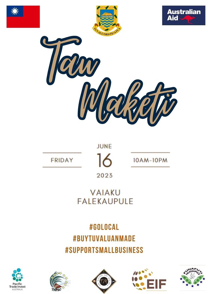 Save the date and come out and support our local businesses at this Month's Tau Maketi. From great deals, delicious local food, handicraft to some awesome entertainment. 
#buytuvalumade
#golocal
#empowerwomenintrade
#supportsmallbusinesses
#smesintuvalu
#supportsmallbusinesses