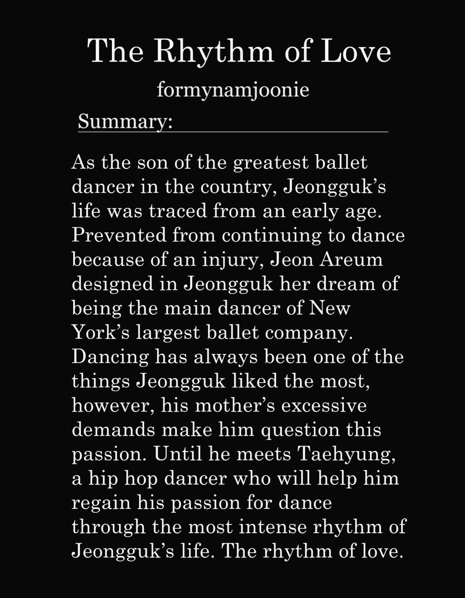 formytaekookies's tweet photo. ⌜ the rhythm of love 🩰🔞 #taekook ⌟

» ballet dancer jk &amp; hip hop dancer tae
» strangers to lovers &amp; first love
» parental abuse &amp; psychological abuse 
» eating disorder &amp; physical aggression
» top tae &amp; bottom jk &amp; nsfw contents 

⌜ https://t.co/6zuC8IfEeW ⌟ https://t.co/9ZxNW90TPB