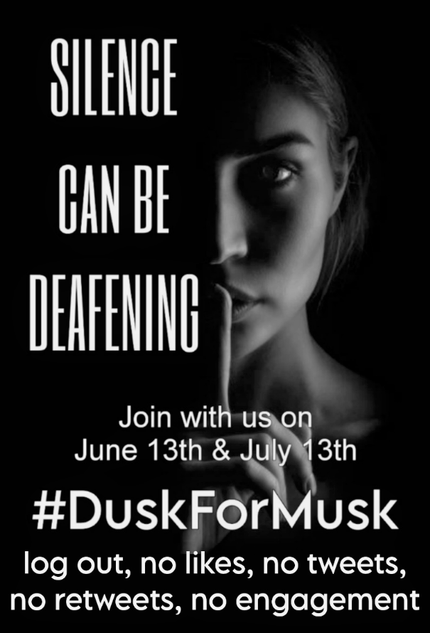 TheRealKalypso1's tweet photo. Elon promotes Nazis, attacks the trans community, & spreads misinformation.
Protest by going dark on Tuesday, June 13th.
See you Wednesday!
#DuskForMusk https://t.co/bMiR6CsNj2