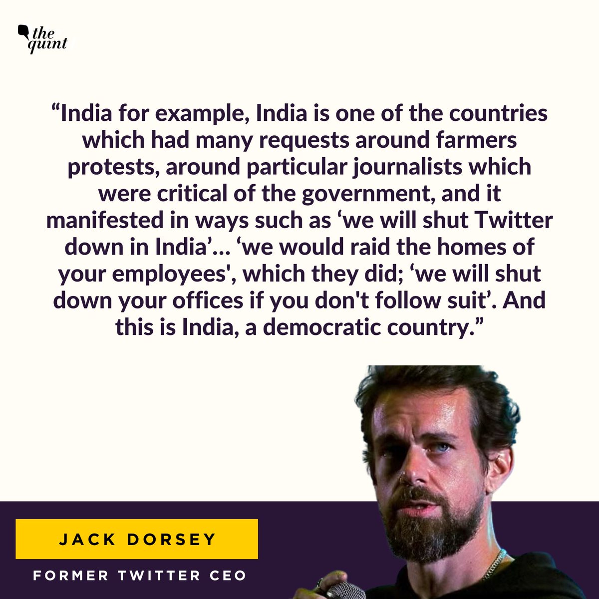 2 years after the #farmersprotest, #JackDorsey alleged in an interview that the micro-blogging site received “many requests” from the Indian govt during the farmers’ protests, especially around “journalists that were critical of the govt.”

Read more: t.ly/Erh0