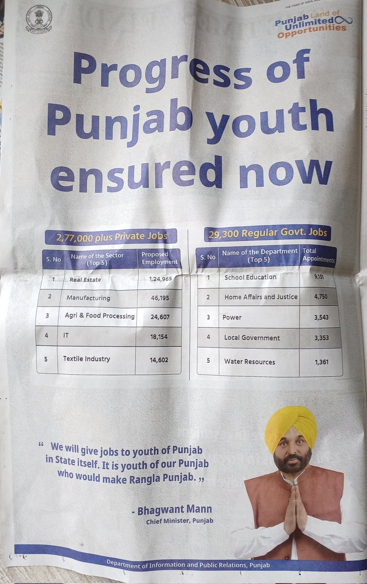 dudhoria_vikram's tweet photo. Two full page advts ,Printed brochures .Is it necessary? Why money of punjab is wasted. Sir use this for REAL development. Sir aap sirf achi education &amp; medicals de do. Job, Investments will flow automatically.Public will speak for your work.@BhagwantMann https://t.co/SwPkdYIhHw