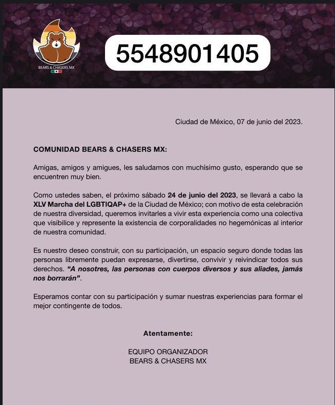 ¡AVISO IMPORTANTE !

<a href="/bearsandchasers/">Bears and Chasers MX</a> te invita a la XLV marcha LGBTIQAP+ este 24 de junio. 🏳️‍🌈🏳️‍⚧️

vive la experiencia, en una comunidad inclusiva con un espacio seguro para ti, no faltes!!! 🤩🤩