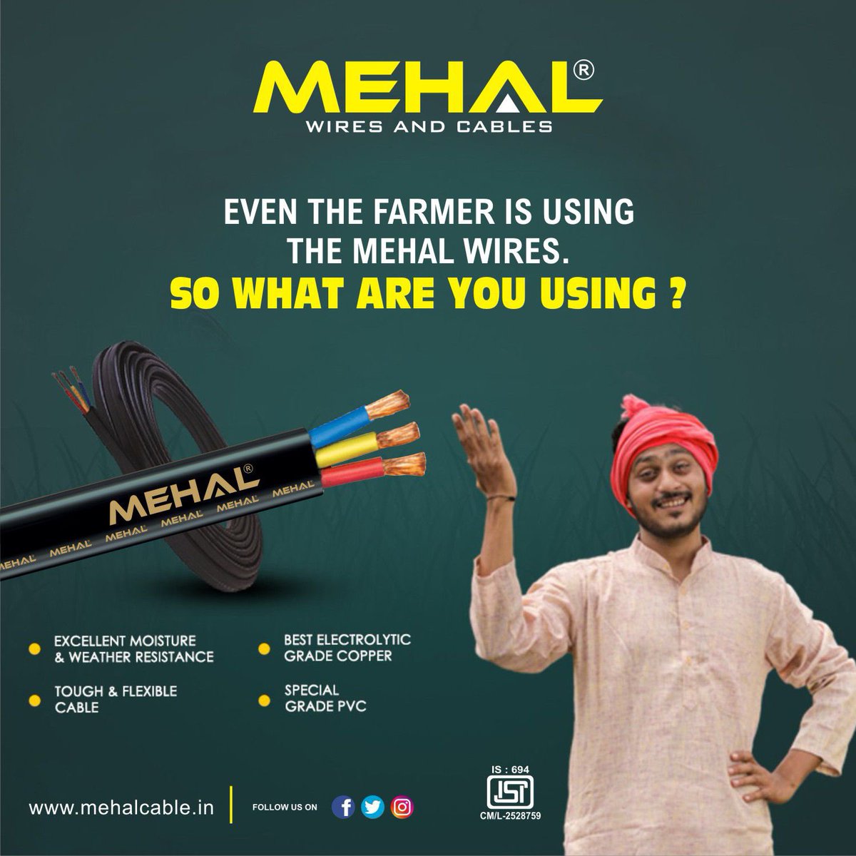 Even the farmer 👨‍🌾 is using MEHAL Wires, so what are you using ? #submersible #submersiblepump #water #borewell #weatherresistant #rainwaterharvesting #submersiblecables #mehal #switchtomehalwires  💧🌴🎋mehalcable.in