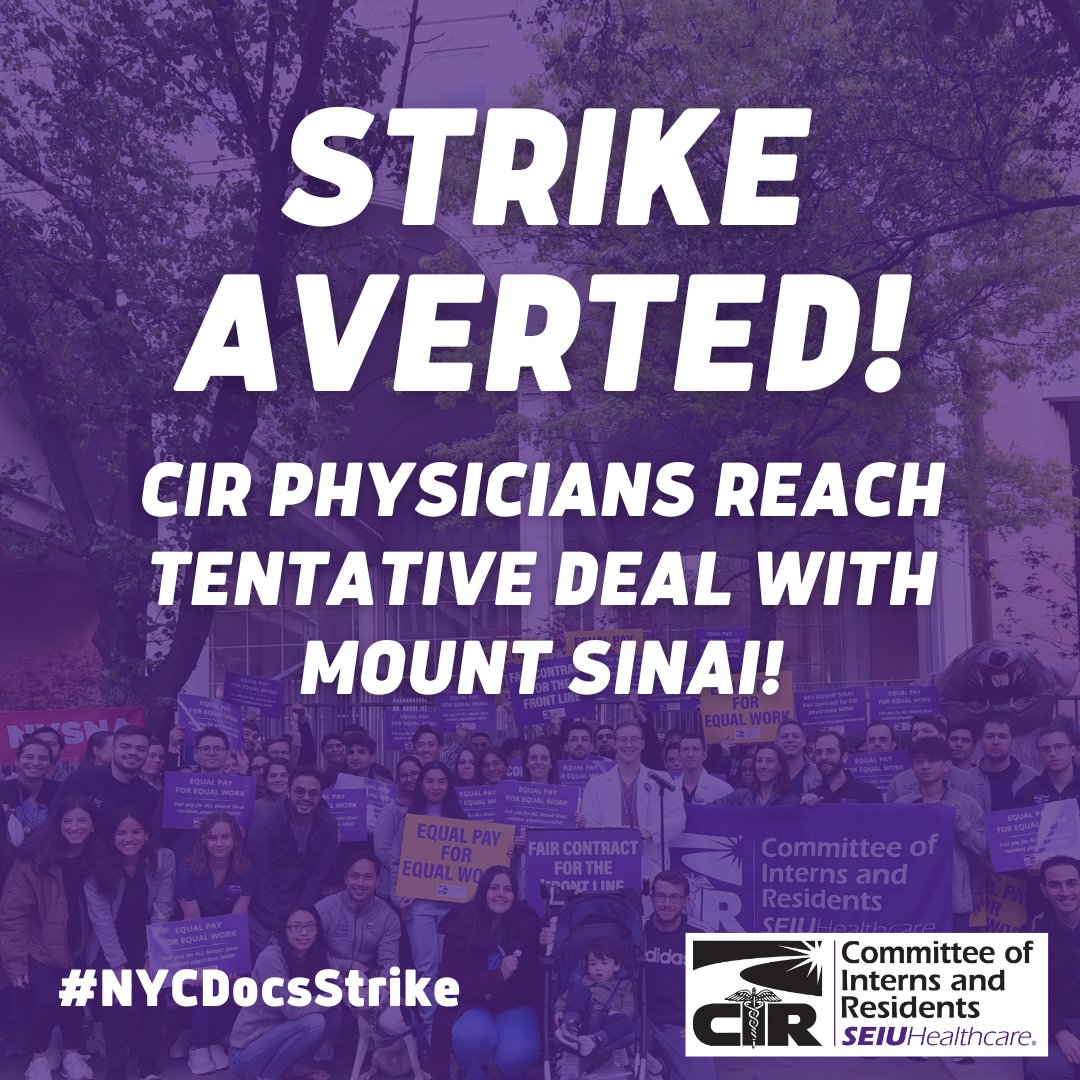 UPDATE: CIR physicians at @MountSinaiNYC Morningside/ West reached a deal tonight after 6 exhausting months of bargaining & hours before our ULP strike. 

Our strike was averted, but our fight—with Mount Sinai and bosses like Sinai everywhere—has really only begun #NYCDocsStrike