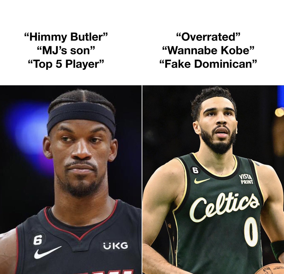 Butler vs Tatum
Age: 33 vs 25
Rings: 0 vs 0
Final app: 2-1
All star app: 6 vs 4
All star mvp: 0 vs 1
Top 5 mvp: 0 vs 2 
All NBA first team: 0 vs 1 
Career points avg: 18.2 vs 22.5 
Career total point: 13,688 vs 9,865