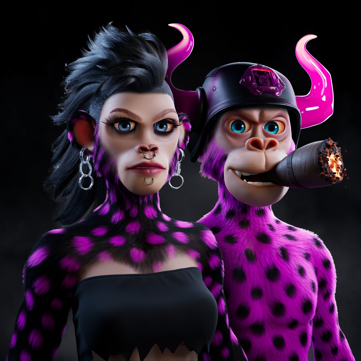 888aped's tweet photo. Almost complete with this @BullsApesProj #PinkyArmy couple 😎
Just need another Bloodshot Eyes trait and a cigar! 
Shoutout to @CruzChevrolet for the Blackpink Polka fur!

#TheConfigurator https://t.co/Sm0mbqfO9R