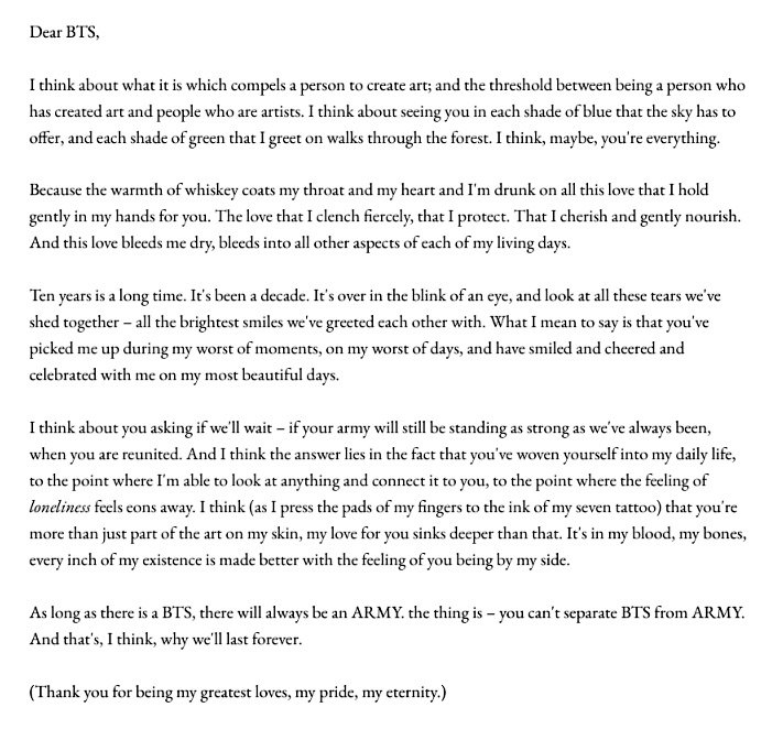 moonnsuga's tweet photo. Ten years is a long time. It's an eternity. It's everything to me. @BTS_twt here's to many, many more years of being each other's north stars. You're my forever artists 💜 thank u for everything &amp; happy anniversary 💜 https://t.co/SkvY8CUeBw