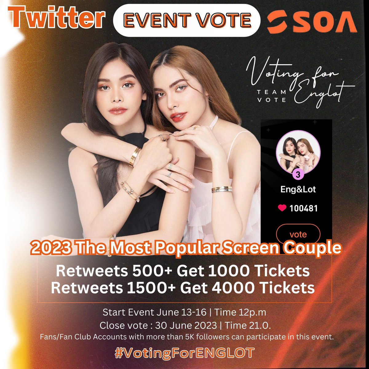 ค้างคาวอ้อนๆ ขอ 1500 รีได้มั้ยย 🥺🦇
อยากได้ Tickets 4150 🎟

SOA 2023 The Most Popular Screen Couple
soatop.club/?sid=eah5aee3

•Advance Rewards 
— Retweets 500+ = get 1000 Tickets 🎟️ 
— Retweets 1500+ = get 4000 Heart tickets  🎟️ 

#englot #อิงล็อต
#อิงฟ้ามหานชน #ชาล็อตออสติน