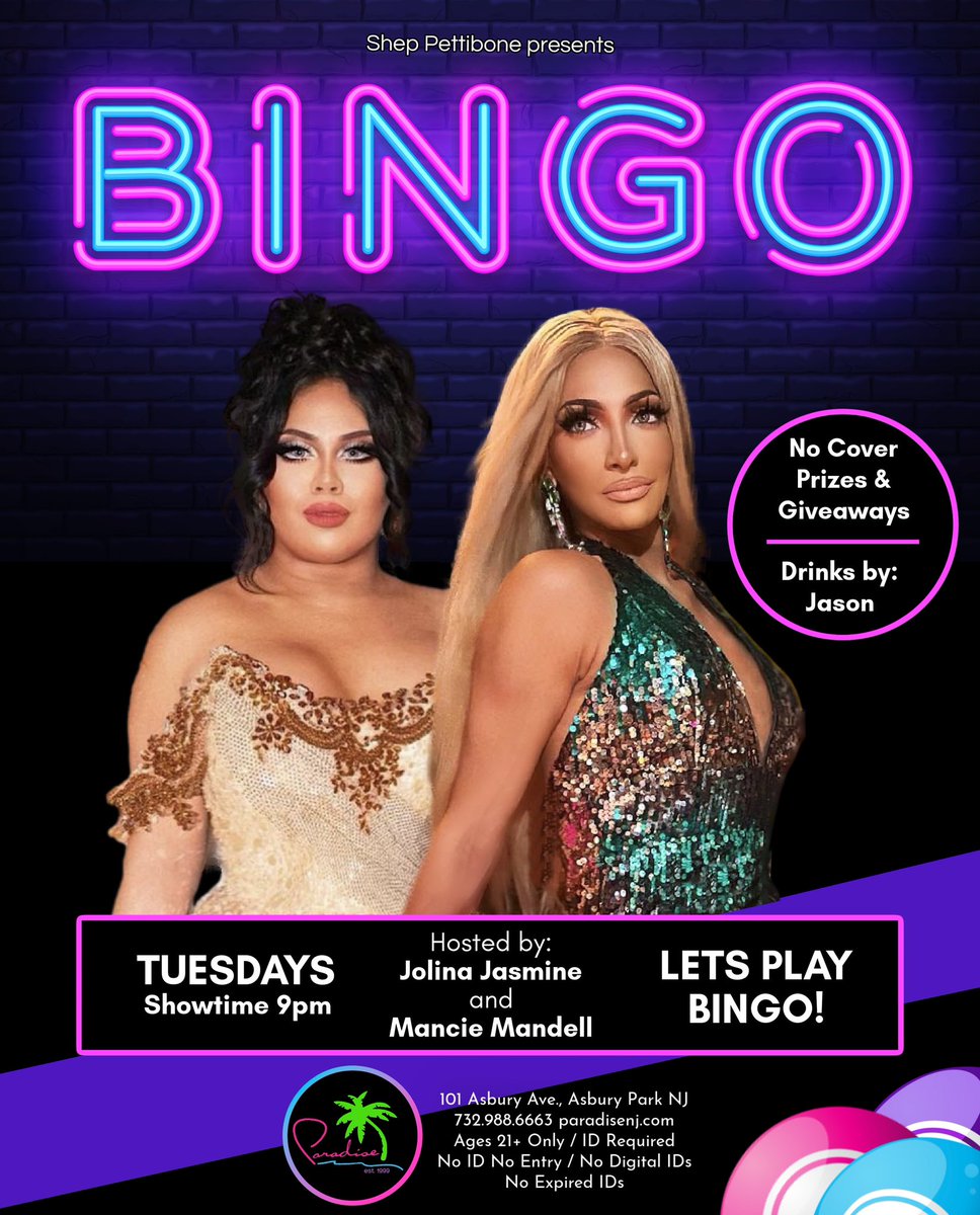 Bingo - Tuesday, 6/13 😀💖🌴
Hosted by: 
Jolina Jasmine & Mancie Mandell
Drinks by: Jason - Showtime: 9pm

#paradisenj #asburypark #asburyparknj #dragqueen #dragqueens #lgbt #drag #gay #dragqueenbingo #DragRace #GayPrideMonth #Pride2023 #gaypride