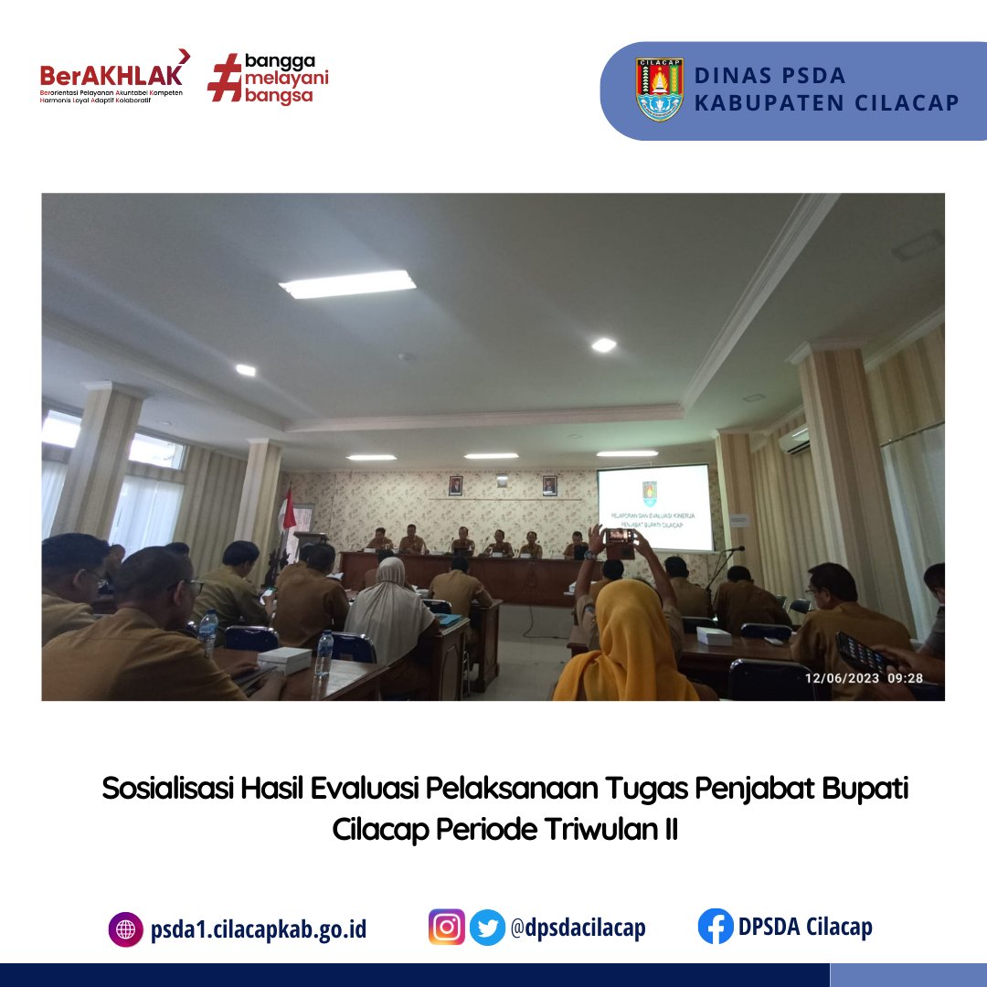 dpsdacilacap's tweet photo. Sosialisasi Hasil Evaluasi Pelaksanaan Tugas Penjabat Bupati Cilacap Periode Triwulan II
Senin, 12 Juni 2023
#psda
#psdacilacap
#dpsda
#cilacap
#kabupatencilacap
#cilacapbercahaya
#cilacapupdate https://t.co/ILnajkX6Wi