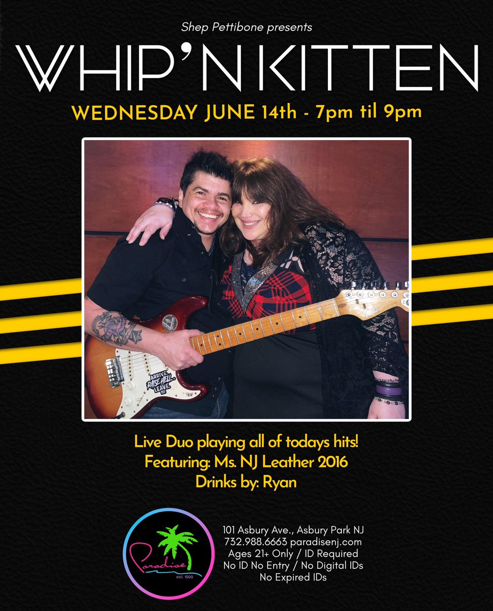 Whip’ N Kitten - Wednesday 6/13
Live Duo playing all of todays hits
Featuring: Ms. NJ Leather 2016 
Drinks by: Ryan

#paradisenj #asburypark #LGBTQ #asburyparknj #Wednesday  #paradisenjclub #livemusic #PrideMonth #Pride2023 #GayPrideMonth #livemusic #asburypark