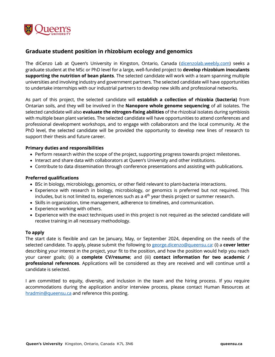 George C diCenzo (@george_dicenzo) on Twitter photo We are recruiting a #MSc or #PhD student to join us <a href="/queensu/">Queen's University</a> in 2024, to work on bacterial (rhizobium) genomics & ecology. A chance to learn both wet-lab and dry-lab methods. See the attached image or dicenzolab.weebly.com/openings for details and how to apply. #AcademicTwitter We are recruiting a #MSc or #PhD student to join us <a href="/queensu/">Queen's University</a> in 2024, to work on bacterial (rhizobium) genomics & ecology. A chance to learn both wet-lab and dry-lab methods. See the attached image or dicenzolab.weebly.com/openings for details and how to apply. #AcademicTwitter