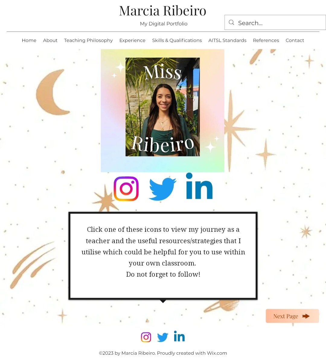 Marciaribeirox's tweet photo. Crafting this portfolio for EDFD452 was an enjoyable experience, and I take great pride in the outcome. Therefore, I am excited to share it with you all. ✨️😊 To check out my portfolio, just click the link in my bio. #acuedu_p #aussieeducator #edfd452 https://t.co/IQawuSzGVk