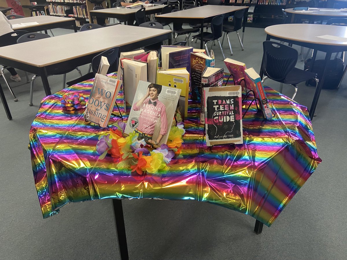 Pride books mini display in the center of our library #123SOGI4PG #SD57 #SD57SOGI