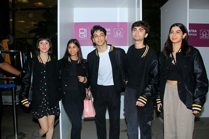 IN PICS | Spotted 📸: '#TheArchies' co-stars #SuhanaKhan, #KhushiKapoor, #AgastyaNanda, #VedangRaina and #YuvrajMenda were all seen wearing matching customised sweatshirts, with the film's name printed on it as they fly to Brazil from Mumbai airport last night