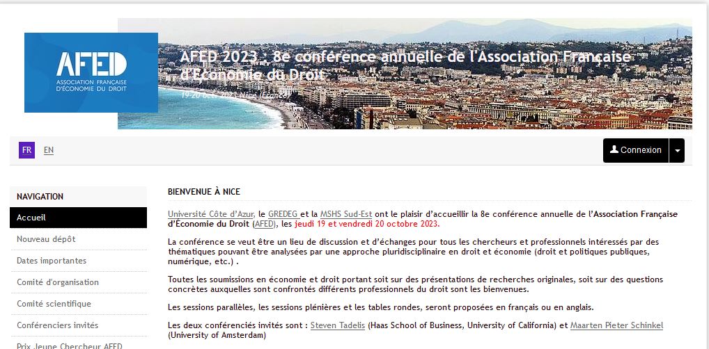 Frédéric Marty (@fred_marty) on Twitter photo Conférence annuelle de l'association française d'économie du droit à Nice les 19 et 20 octobre prochains.
afed2023.sciencesconf.org
Date limite pour les propositions de contributions le 16 juin (🇫🇷 / 🇬🇧 )
<a href="/afed/">jackson</a> <a href="/CNRS_DR20/">CNRS Côte d’Azur</a> <a href="/Univ_CotedAzur/">Université Côte d'Azur</a> Conférence annuelle de l'association française d'économie du droit à Nice les 19 et 20 octobre prochains.
afed2023.sciencesconf.org
Date limite pour les propositions de contributions le 16 juin (🇫🇷 / 🇬🇧 )
<a href="/afed/">jackson</a> <a href="/CNRS_DR20/">CNRS Côte d’Azur</a> <a href="/Univ_CotedAzur/">Université Côte d'Azur</a>