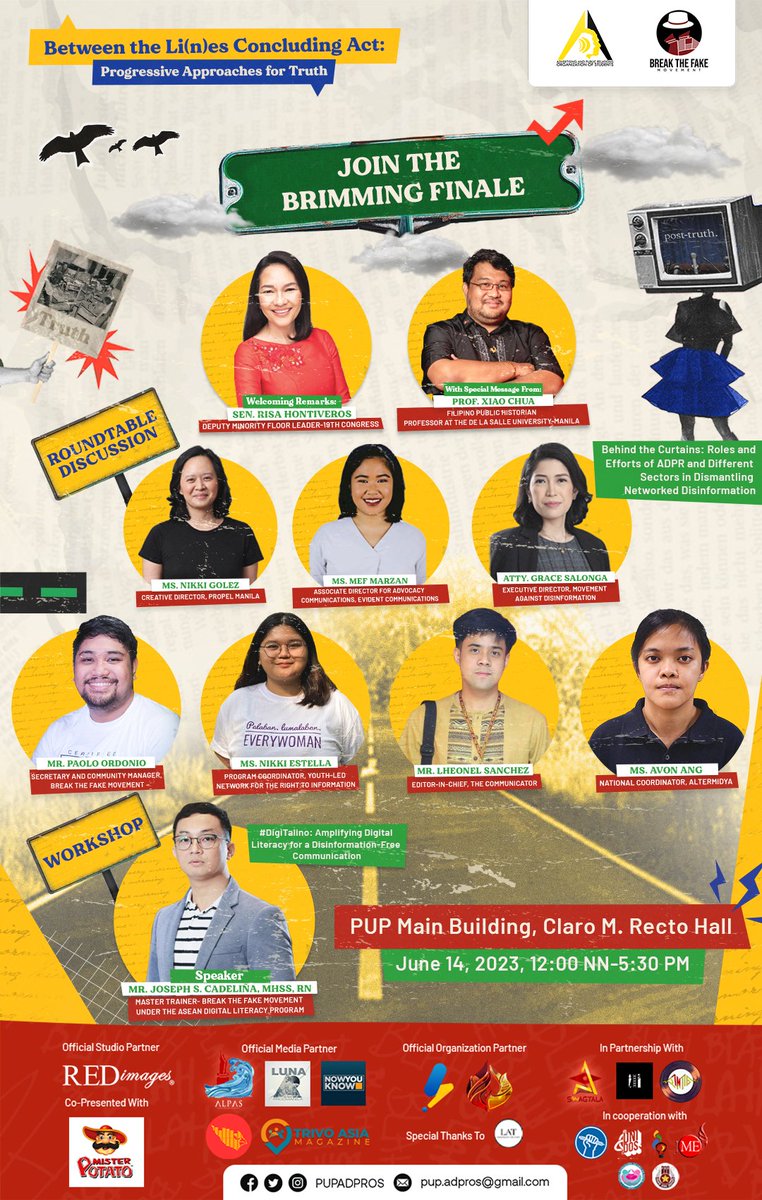PUPADPROS's tweet photo. See you tomorrow at PUP Main Building, Claro M. Recto Hall from 12:00 NN–5:30 PM. Registrations are still open, so don't miss out!

https://t.co/B9Tz6Hdex5  

#BTLConcludingAct
#ADPROSxBreakTheFake
#CriticalADPR 

✍️: Rafael Garcia 
🎨: Aerra Martinez https://t.co/8AJwyngCbP