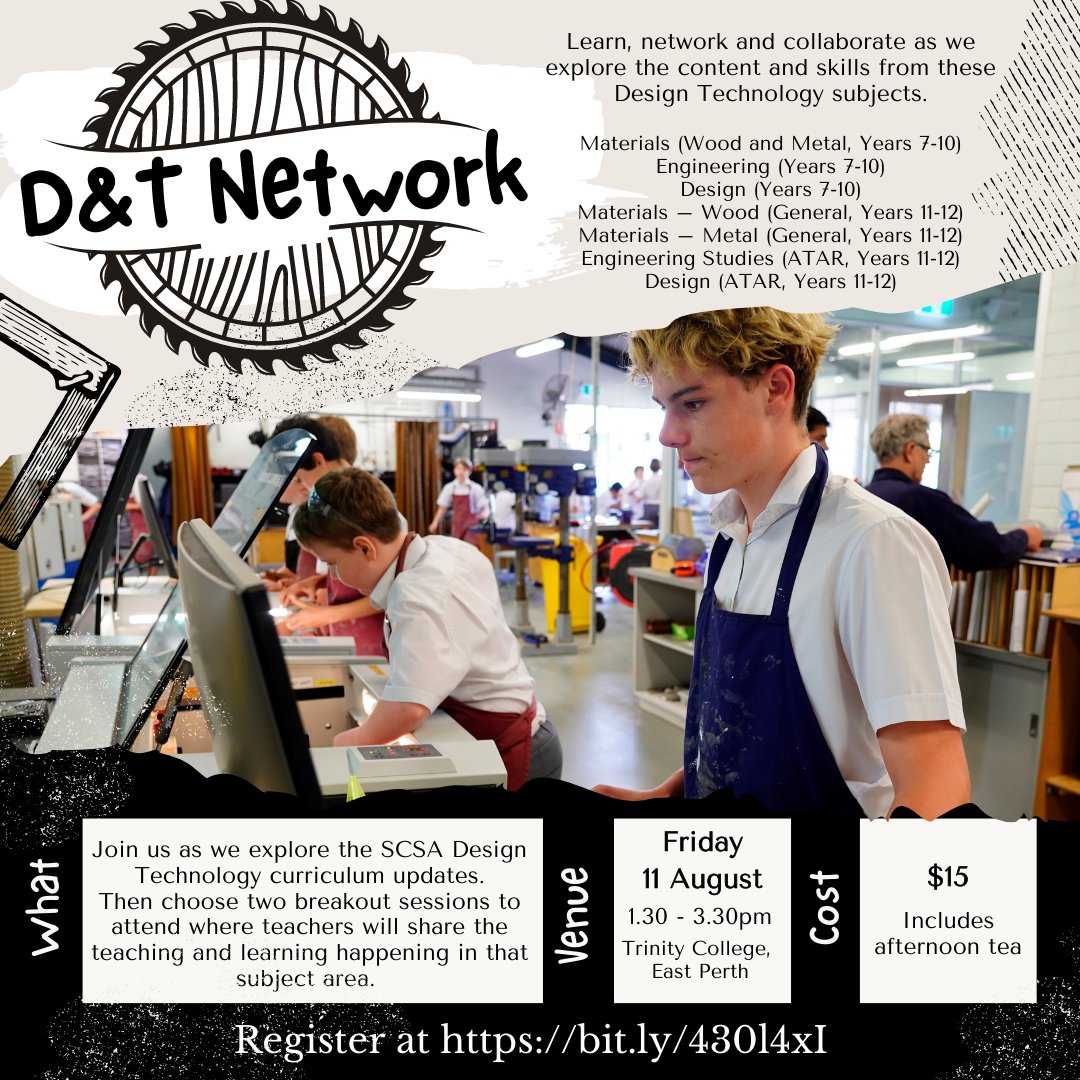 Join us for the D&T Network on Friday 11 August hosted by @TrinityPerth. Explore Materials (wood & metal), Engineering and Design across the secondary year levels. Register at bit.ly/43Ol4xI @CEWADigLearn #designtech #designtechnology #secondarytechnology #technology 
📷