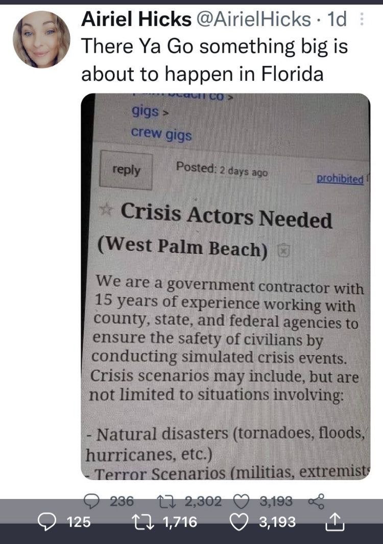 Crisis actors needed in Florida. A false flag but doesn’t say when.