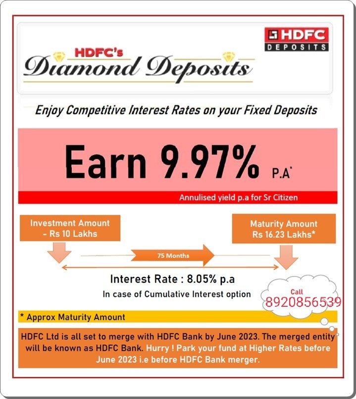 LamarWealth's tweet photo. High returns aisa ki koi believe naa kare ! HDFC Deposit -Earn Annualised Yield upto 9.97% p.a in HDFC Ltd
Kindly feel free to call at 8920856539
#lamarwealthsolutions #hdfc #fixeddeposit #financialplanning #seniorcitizens #investmentplanning https://t.co/vsXnc9SwNz