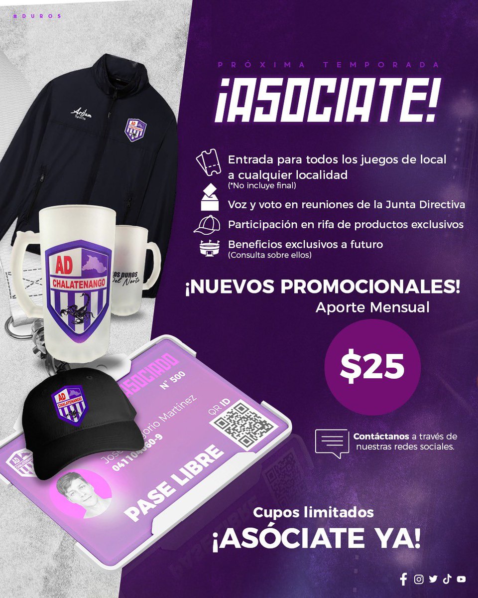 ¿Ya te asociaste? 👀👊🏽💜

Aún recibimos solicitudes de asocio en nuestras redes sociales, recuerda que al asociarte obtendrás beneficios exclusivos de nuestro equipo 😎

#DurosdelNorte #SomosDuros