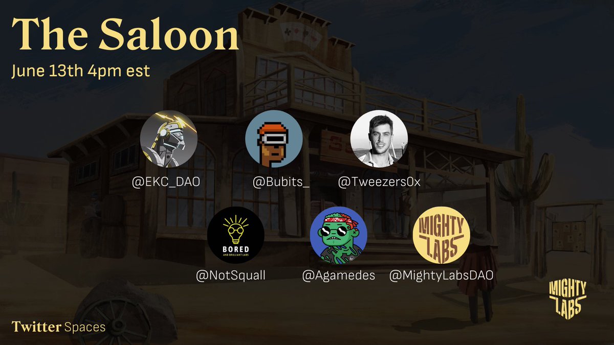 Mighty Labs (@mightylabsdao) on Twitter photo ☀️ Mighty Morning
🥃 It's time for another session in the Saloon!
🤠 Come hang with co-hosts <a href="/EKC_DAO/">Electric KC⚡️</a> and <a href="/bubits_/">bubits</a> as well as our guest speakers <a href="/tweezers0x/">Tweezers (Mike)(Building Something New, BRB)</a>, <a href="/NotSquall/">squal</a>, and <a href="/0xCryptoCameron/">Cam3ron.eth</a>.
🔗 Set Reminder: x.com/i/spaces/1ZkJz… ☀️ Mighty Morning
🥃 It's time for another session in the Saloon!
🤠 Come hang with co-hosts <a href="/EKC_DAO/">Electric KC⚡️</a> and <a href="/bubits_/">bubits</a> as well as our guest speakers <a href="/tweezers0x/">Tweezers (Mike)(Building Something New, BRB)</a>, <a href="/NotSquall/">squal</a>, and <a href="/0xCryptoCameron/">Cam3ron.eth</a>.
🔗 Set Reminder: x.com/i/spaces/1ZkJz…
