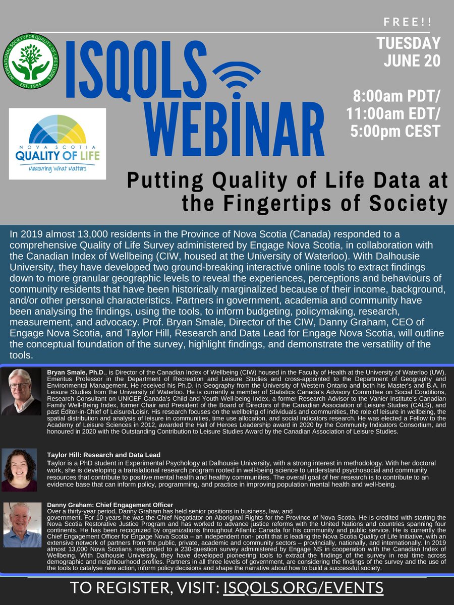 Free ISQOLS Webinar, 'Putting Quality of Life Data at the Fingertips of Society' presented by Bryan Smale, Danny Graham, Taylor Hill with @EngageNS , TUESDAY, JUNE 20, 8:00am PDT/11:00am EDT/5:00pm CEST, Learn more & register: isqols.org/event-5298083 #qualityoflife #Wellbeing