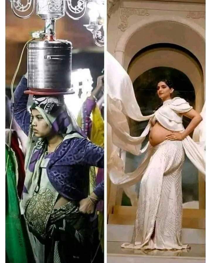 दोनों ही गर्भवती हैं...
एक की फोटो खींची गई है तो दूसरी ने खुद खिंचवाई है... 
एक चार पैसे कमाने के लिए अपने गर्भ को कपड़े से ढककर, इस हालत में भी दृढ़ता से मेहनत कर रही है 
तो दूसरी भी पैसे कमाने के लिए अर्धनग्न होकर मातृत्व का भद्दा प्रचार कर रही है..! 
संस्कार अपने-अपने