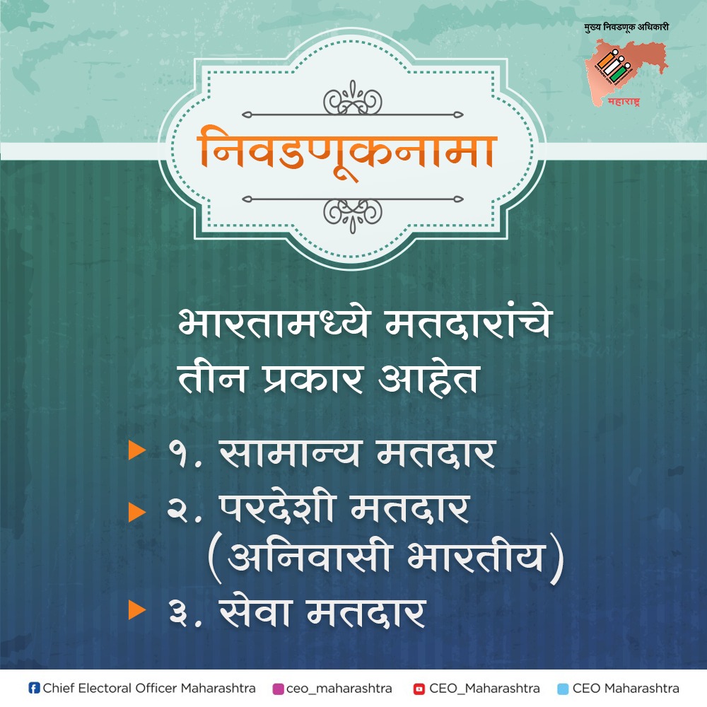 PachoraEro's tweet photo. #निवडणूकनामा - भारतामधील मतदारांचे प्रकार

#मताधिकार #NoVoterToBeLeftBehind #youngvoters #presidentvoting #vicepresidentvoting #votingrights #fypage #instagram #democracy #viral #photooftheday #youthpower #CEOMaharashtra #ECI #Nivadnuknama #Constitution #Sveep #Maharashtra https://t.co/eMS6Frm7Ug