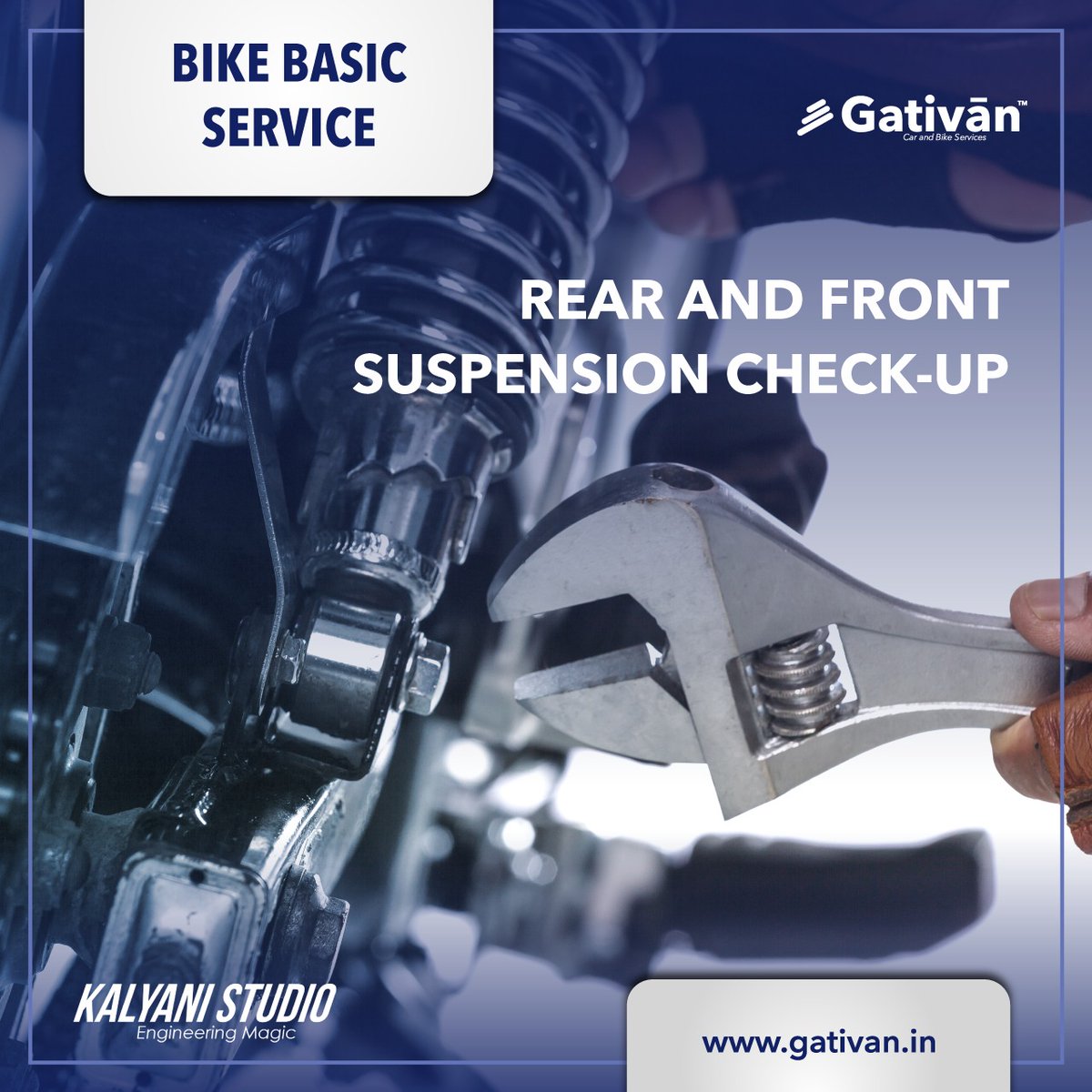 Don't let potholes ruin your ride!
Get your suspension in tiptop shape with Gativan's Rear and Front Suspension Check-Up. 

Visit gativan.in or contact 8263090692 today!  
.
.
.
#Gativan #AutoService #bikeservice #bikesofpune #vehicleservicing #bikebasicservice