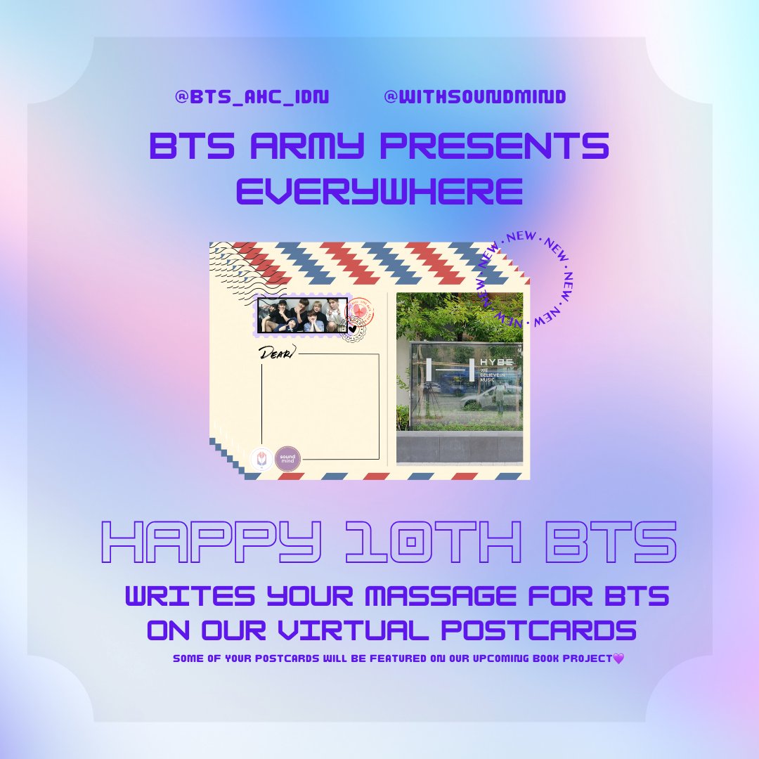 BTS ARMY Presents Everywhere💜
A decade with @BTS_twt & still counting! 

In collaboration #BTS_AHC_IDN x #withsoundmind we made 7 virtual postcard with pics from the places full of BTS ARMY memories. Please writes yours!

Check the thread✨
#BTS10thAnniversary #BTSFesta2023