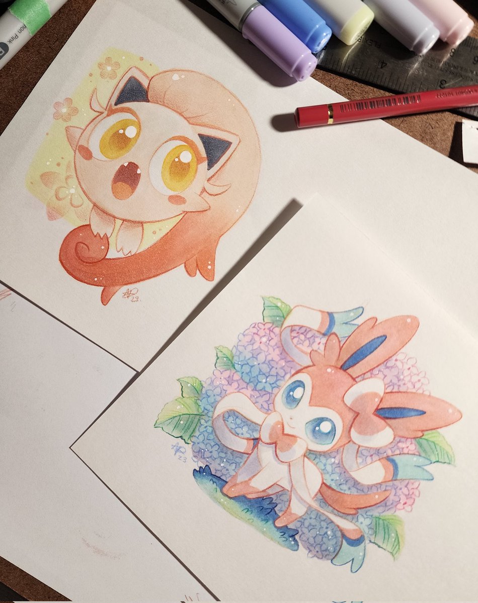 Sylveon and Scream Tail, copic markers with pencil colours ❤️ going to sell the originals at Yeticon! (Many more pokemon I wanna draw tho)