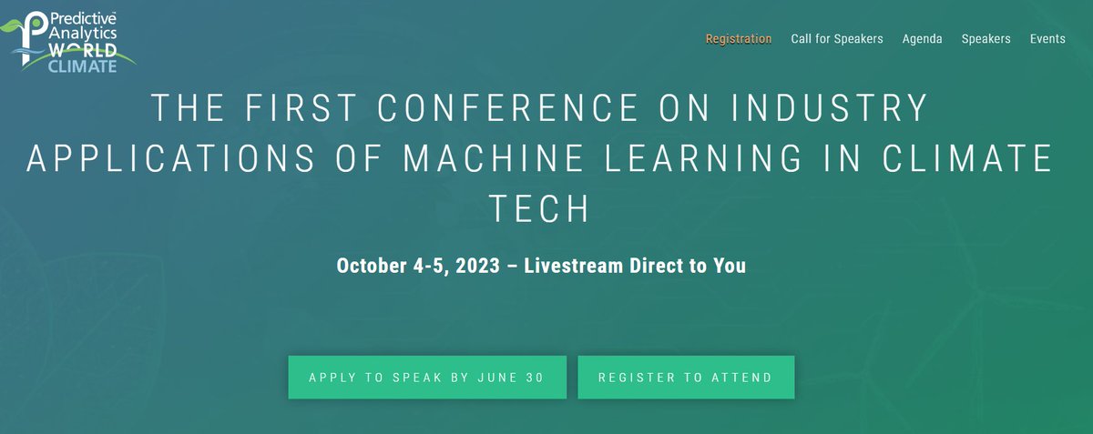 Speak at the 2023 Predictive Analytics World Climate Conference! It’s the first conference on industry applications of ML in climate tech. Applications due June 30th: predictiveanalyticsworldclimate.com/call-for-speak…