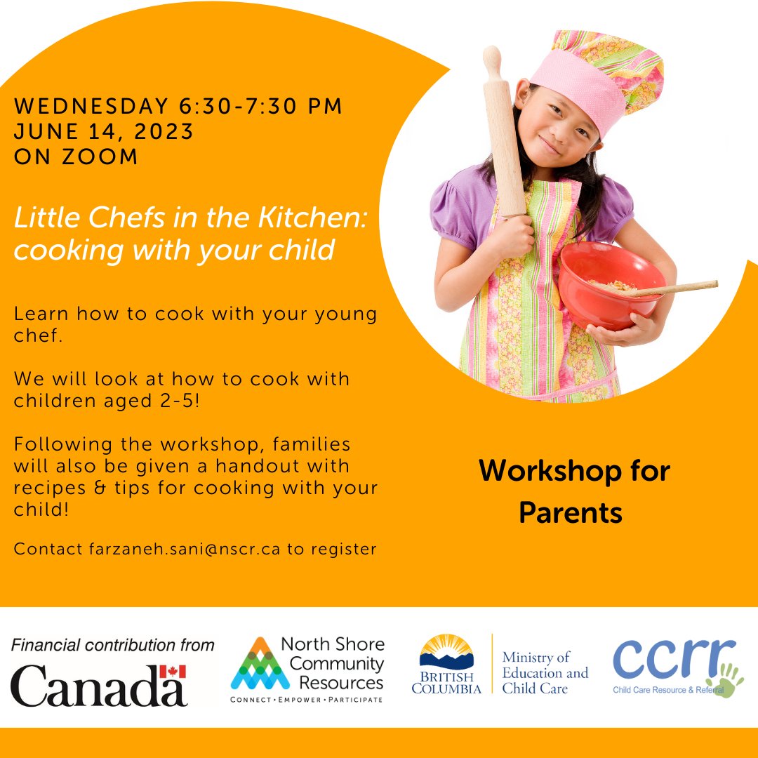Join us this Wednesday from 6:30 - 7:30 PM on Zoom for Little Chefs in the Kitchen: Cooking with Your Child. Contact farzaneh.sani@nscr.ca to register.
#NorthVancouver #WestVancouver #NorthShore #parenting #kids #family #parenthood #parentingtips #parents #children #toddler