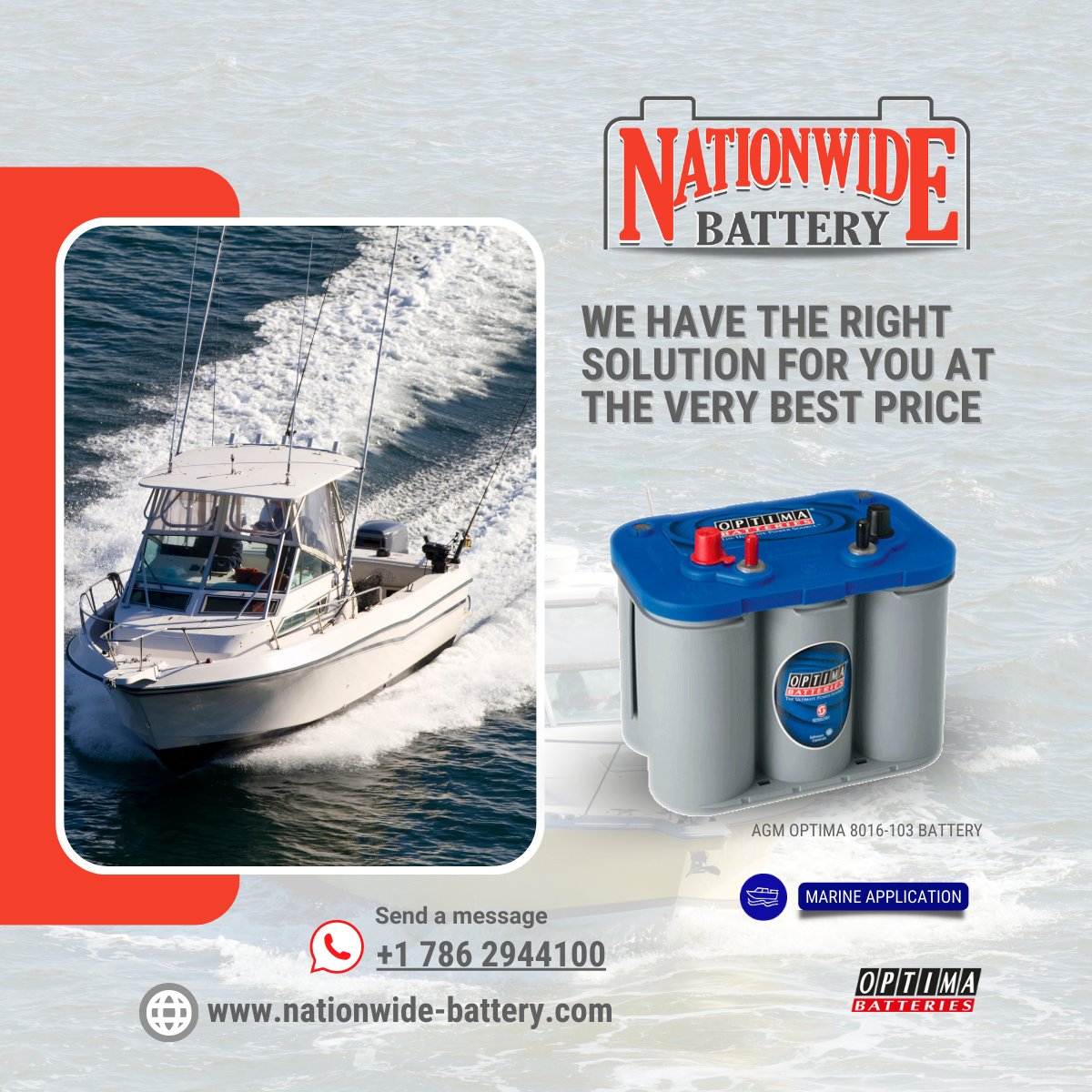 No matter if you have a mega #yacht or a small outboard engine #boat, you will find the best marine #battery with us. 🚤  

Do you need an installation in the nick of time? Call us! 
📞 +1-954-527-4640.
👉nationwide-battery.com

#Optimabattery