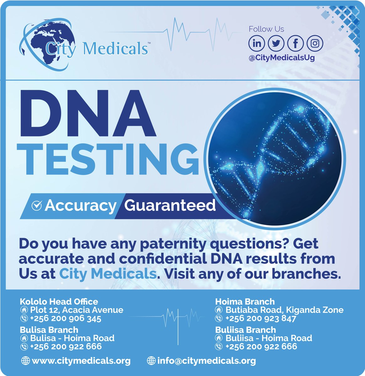 Do you have any paternity questions? Get accurate DNA results from @CityMedicalsug. Visit any of our branches in Kololo, Entebbe, Hoima, Buliisa and Masaka. Call 0200 906345 for more information. #DNA #DNATesting #Health #Family #Medical #Paternity #AmbulanceServices