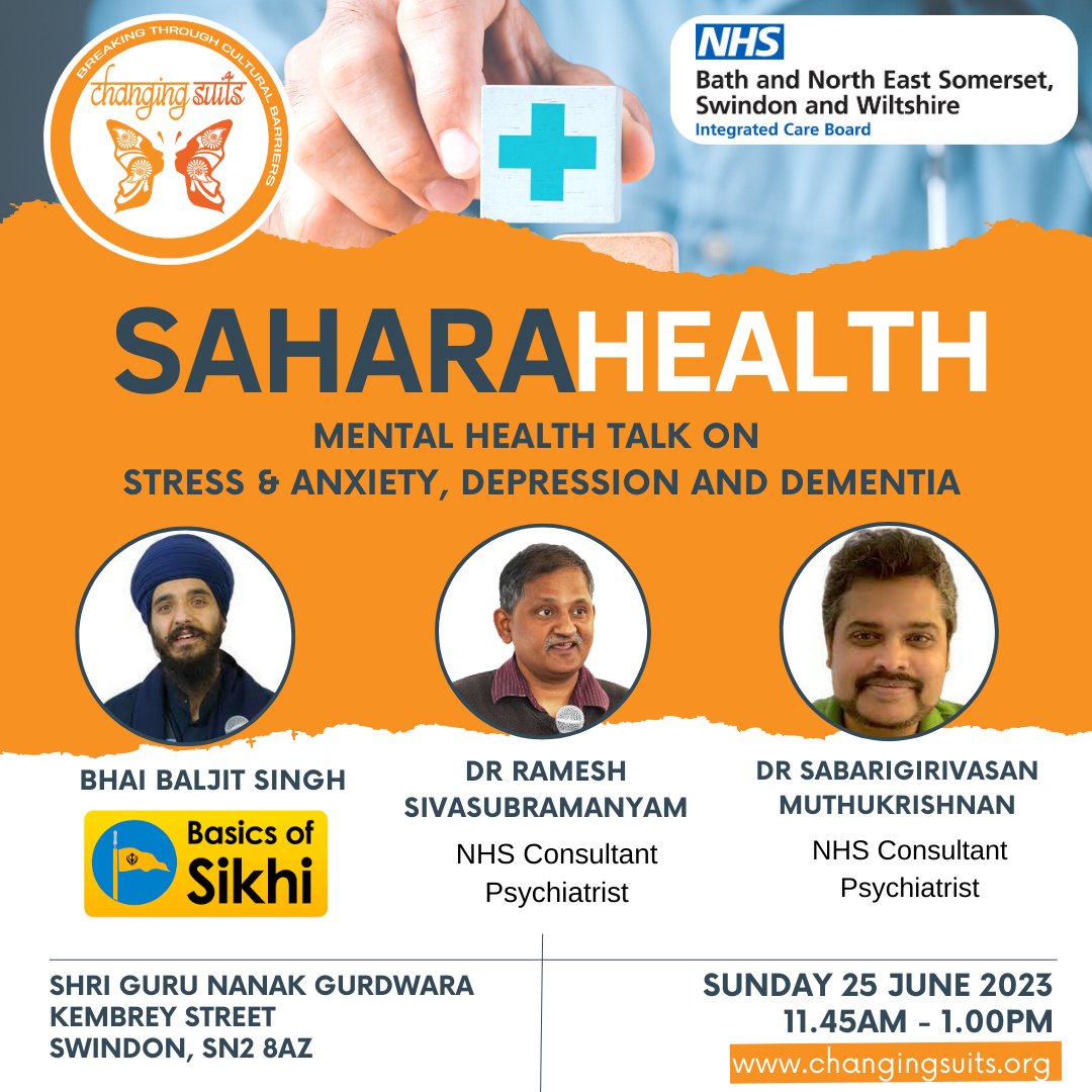 The next Sahara Health event will be taking place on Sunday 25th June at 11.45am at Shri Guru Nanak Gurdwara, Swindon. 

The event will include mental health presentations talking about stress and anxiety, depression and dementia.