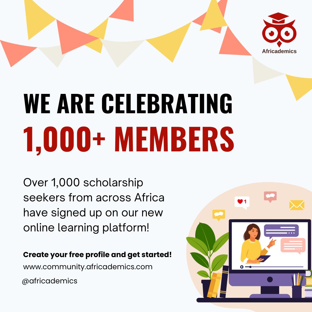 We're celebrating: Over 1k members have signed up on our new online learning platform and the 'Scholarships 101' #MOOC, funded by <a href="/D_S_E_E/">Deutsche Stiftung für Engagement und Ehrenamt</a>'s #100xDigital programme, since its launch! 🥳 Head over to community.africademics.com, create your profile and start your #scholarship journey!
