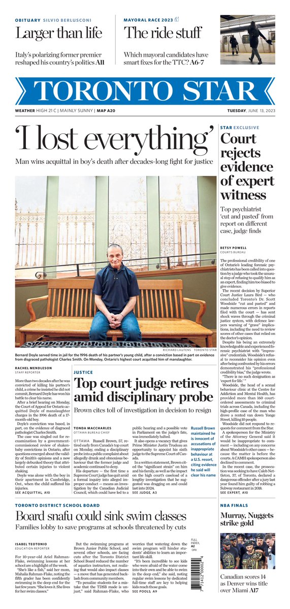 On Tuesday’s @TorontoStar A1: Ontario’s top court reverses a decades-old conviction: @rachelmendleson reports, 📸 @rlautens. Plus: @TondaMacC on Russell Brown’s retirement. @powellbetsy on concerns over a psychiatrist’s expert evidence. And @Izzy74 on cuts to school swim classes.