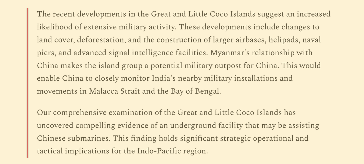 Unravelling Secretive Military Infrastructure in Myanmar's Coco Islands

The first edition of the Takshashila Geospatial Bulletin by <a href="/prof_nithiya/">Dr Y Nithiyanandam</a> offers a deep dive into the military build-up around Coco Islands, which lie close to Andaman &amp; Nicobar.

bit.ly/3P7gc2P