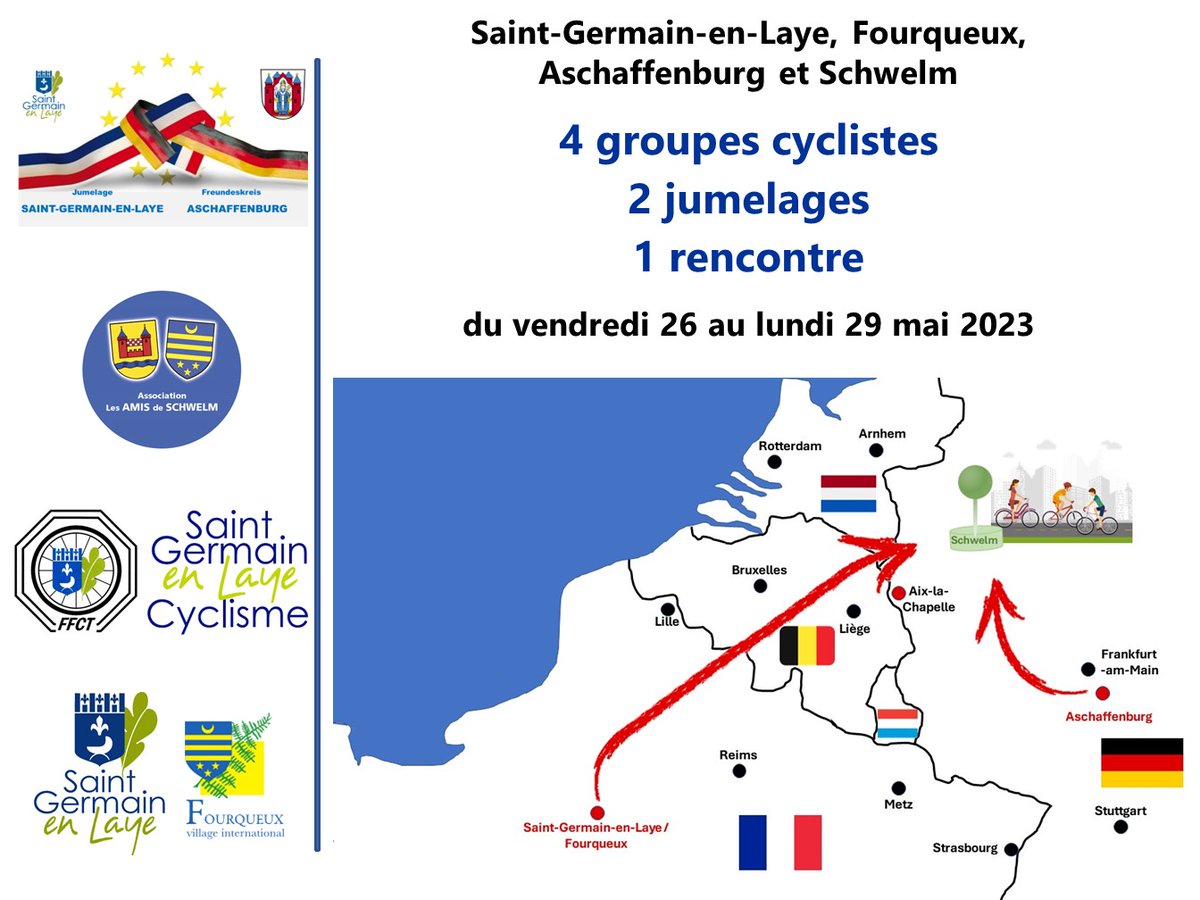 jumelage_SGL_AB's tweet photo. Retour sur la rencontre cycliste 🇫🇷🇩🇪 organisée dans le cadre du jumelage entre @stgermainenlaye et @StadtAB #Aschaffenburg et celui entre la commune déléguée #Fourqueux et #Schwelm.
Récit et photos sur https://t.co/p7mYD1f9bO
#francoallemand #Elysee60 https://t.co/O9QXwtRPiG