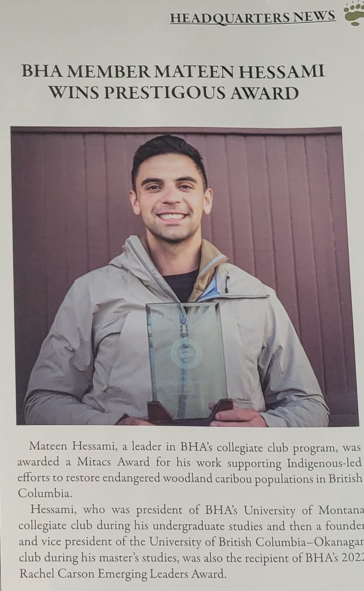 Love to see this:
<a href="/ubcoBHA/">UBC Backcountry Hunters and Anglers - Okanagan</a> co-founder, <a href="/BiodivPathways/">Biodiversity Pathways</a> star, and forever #WiRELab member <a href="/mateens22/">Mateen Hessami</a> featured in the Spring 2023 <a href="/Backcountry_H_A/">Backcountry Hunters & Anglers</a> journal for his <a href="/MitacsCanada/">Mitacs</a> award!!!

Go Mateen and Go Caribou!