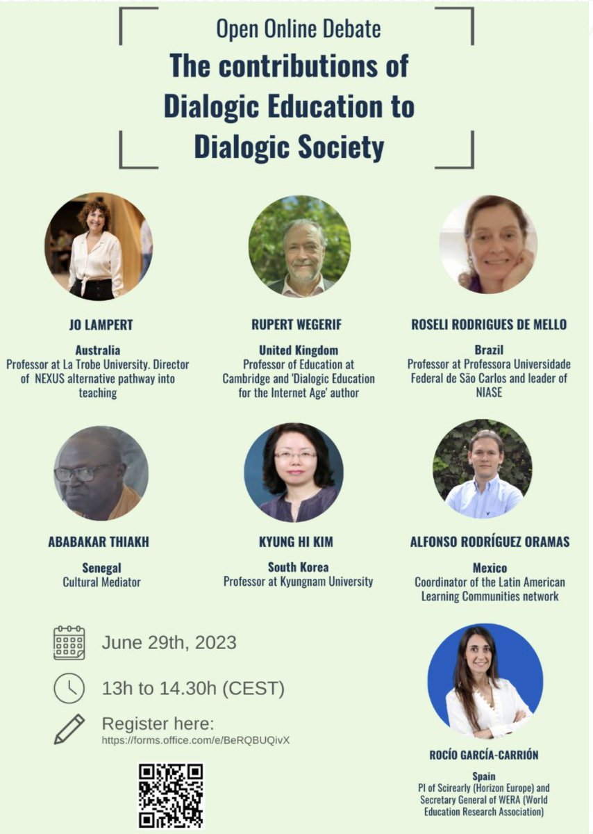 R_Flecha's tweet photo. Siete excelentes speakers clarificarán las principales contribuciones que la Educación Dialógica está haciendo a la actual Sociedad Dialógica. Este es el primer debate online sobre este tema. Puedes participar y hacer preguntas. Inscripción gratuita aquí: https://t.co/1PT1Fk4IUn https://t.co/y23oSlXXg0