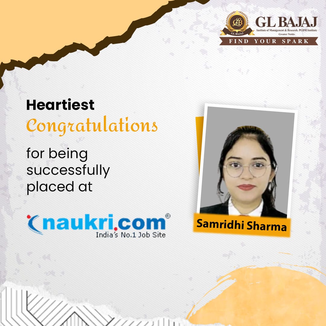 GLBIMR is proud to announce that our PGDM 2021-23 students are successfully placed at naukari.com

#GLBIMR #pgdminstitute #pgdmprogram #bschool #GLBians #placements #admissions2023 #drsapnarakesh #pgdmplacements #naukari #pgdm2023 #Studentsplacement #placement