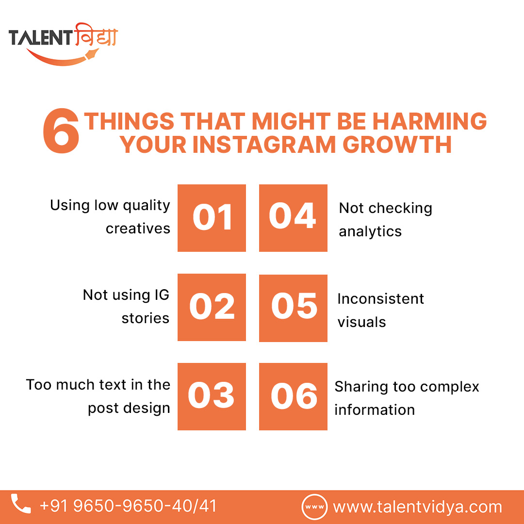 Talentvidya's tweet photo. 6 Things that might be harming your instagram growth
* Low Quality Content
* Not Using Stories
* Too much text in image
* Not Check Dashboard
* Inconsistent Visuals
* Sharing too complex information
#contentwriting #instagram #socialmedia  #skillsbhidegreebhi #kaushambi #trending https://t.co/itZkioHNmq