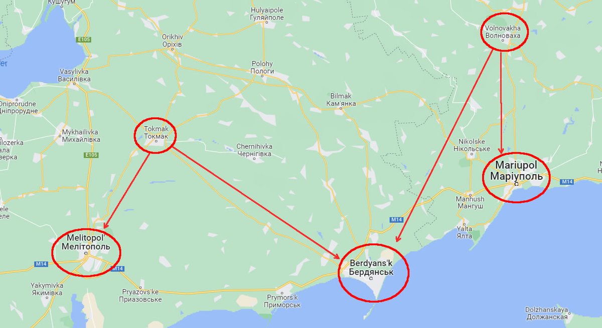 Russian military sources claim Ukrainian Armed Forces are approaching Tokmak, last major settlement 63km north of Melitopol, and Volnovakha, last major settlement 65km north of Mariupol. Squeeze of Berdyansk on the coast expected and Russian units will be encircled on both sides.