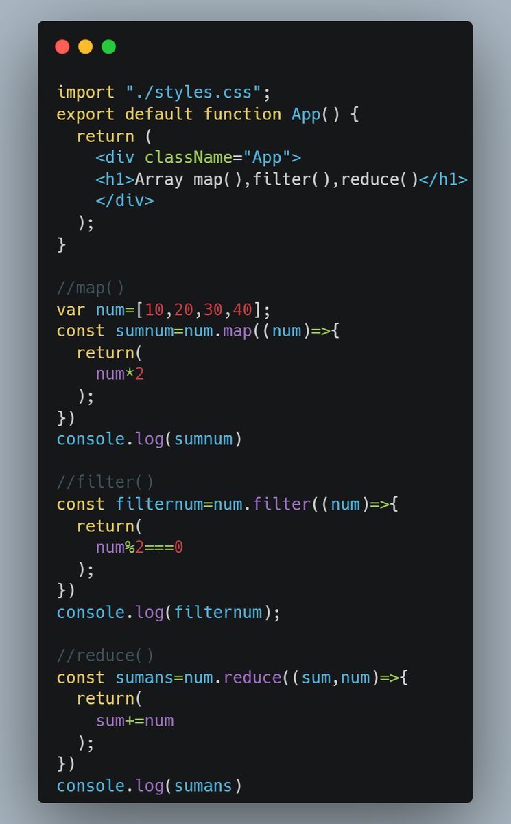 rushikesh55578's tweet photo. #day4 of #100DaysOfCode learning #rectjs
-learn about array methods
-map(),filter(),reduce() methods uses and implementation
-create small function for using array methods
#CodeNewbie #learningInProgress #ReactJS #webdevelopment https://t.co/6G3BEq2VDD