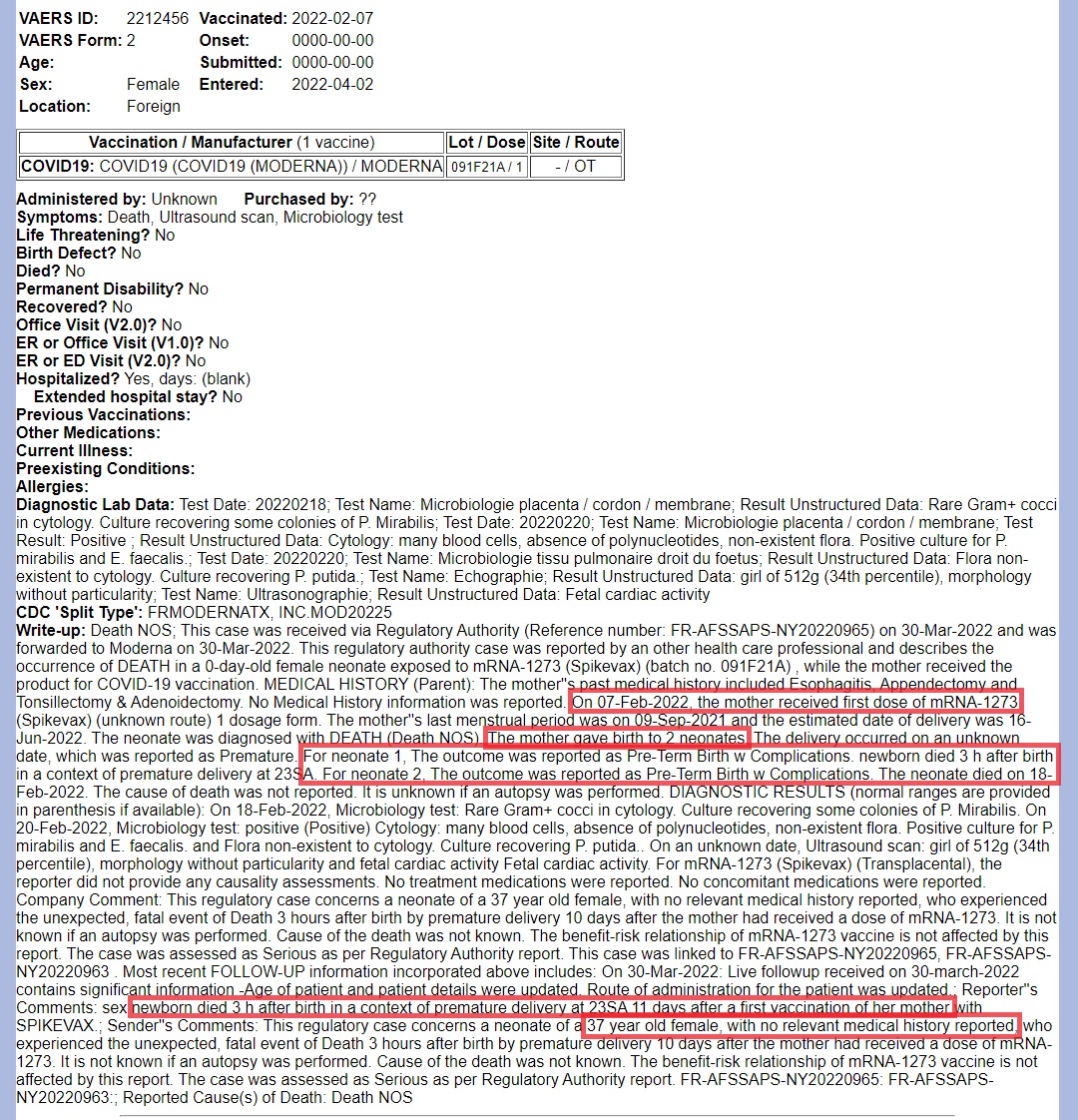 37 yo pregnant woman (22wk) had 1st Moderna COVID-19 mRNA vaccine

11 days later she went into premature labor & delivered live twins.

Both infants died within hours of delivery (VAERS 2212456)

CDC: 'Safe in pregnancy!'  

#DiedSuddenly #cdnpoli #ableg

vaersaware.com/kids-unk-age-d…